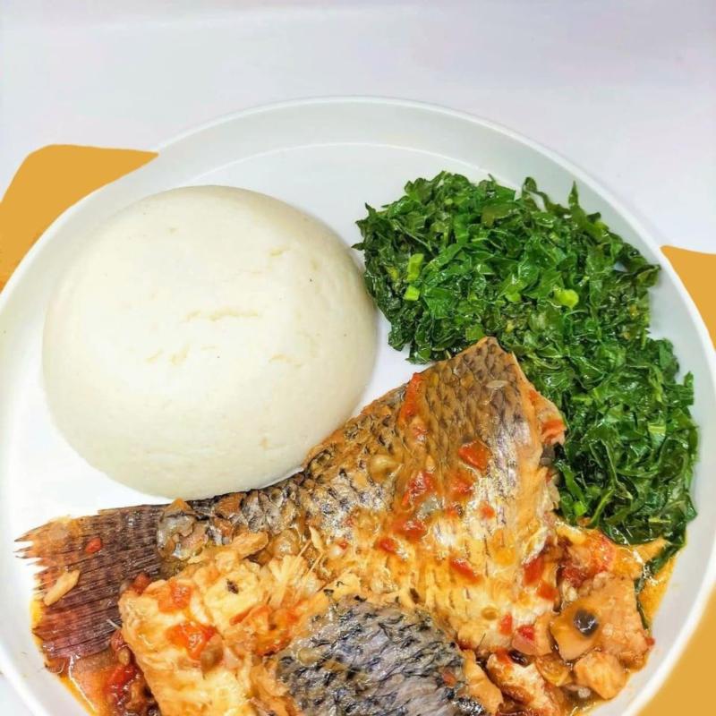 Boiled Tilapia Fish with Ugali & Spinach
